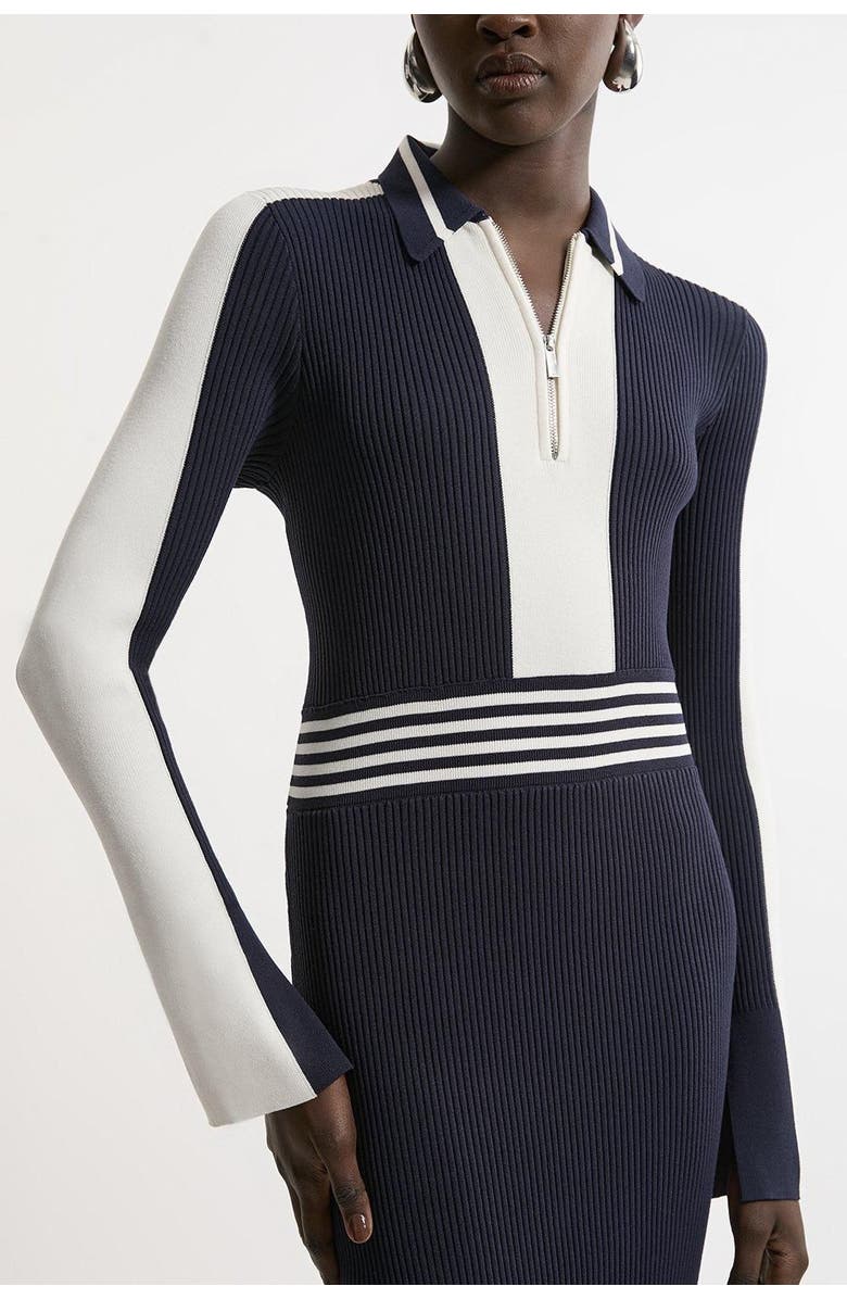 Karen Millen Rib Knit Polo Zip Up Midi Dress, Alternate, color, Navy