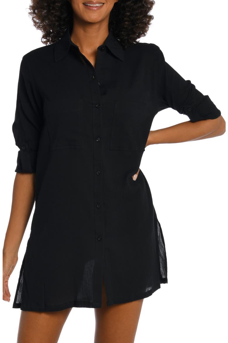 Island Fare Resort Long Sleeve Crinkled Cover-Up Shirtdress, Main, color, BLACK