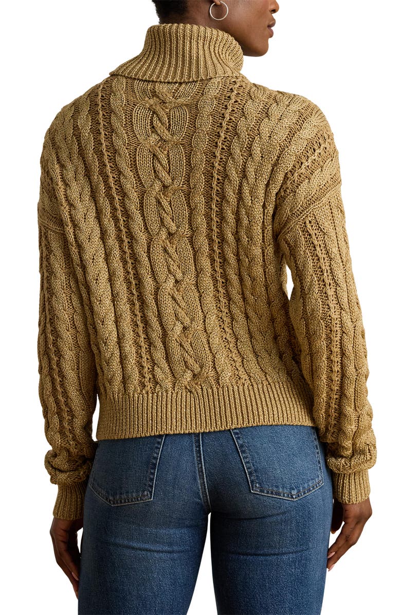 Lauren Ralph Lauren Metallic Turtlenrck Cable Knit Sweater, Alternate, color, Relic Gold Metallic
