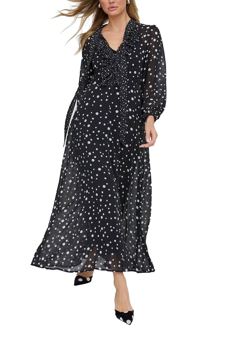 Margot Ruffle Neck Spot Print Maxi Dress, Alternate, color, Black