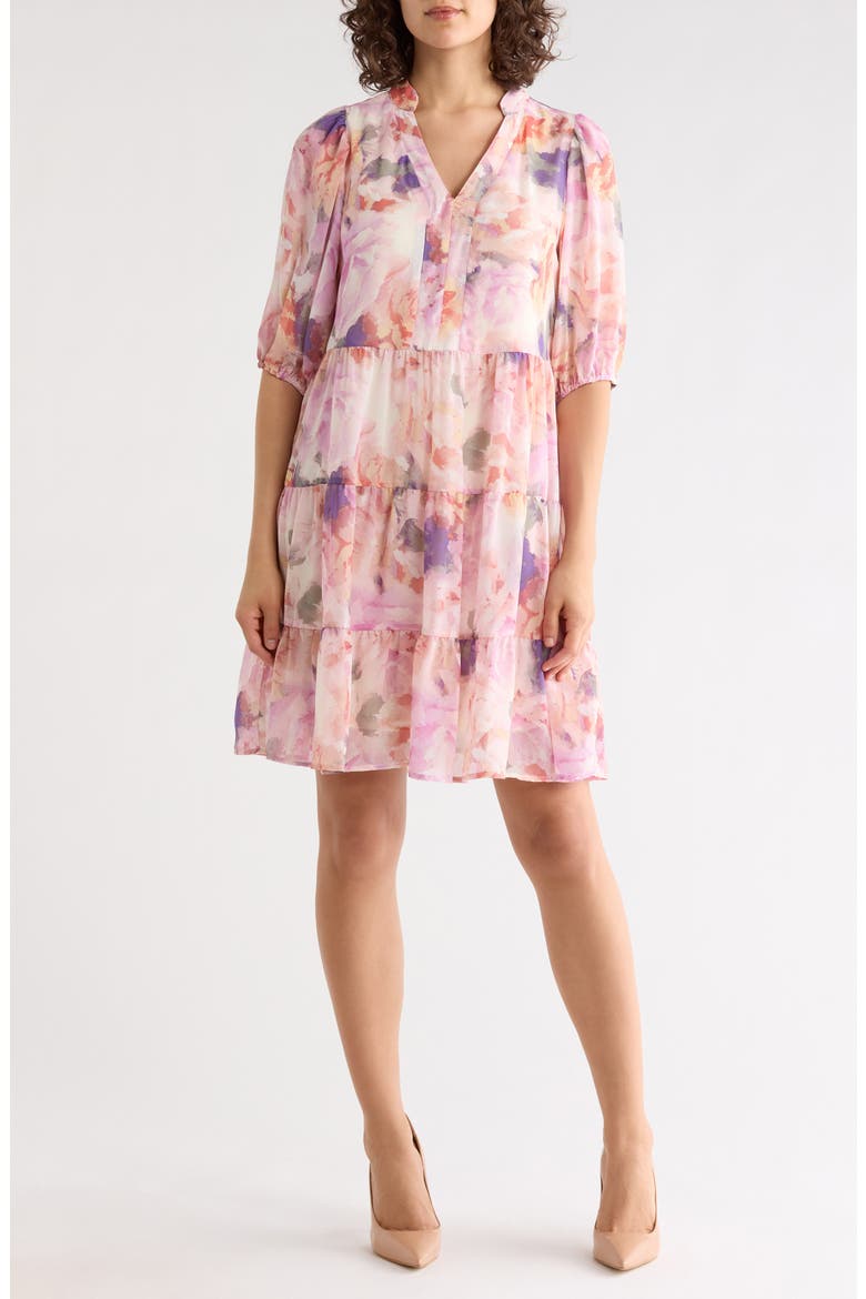 Print Tiered Dress, Main, color, IVORY/ LILAC