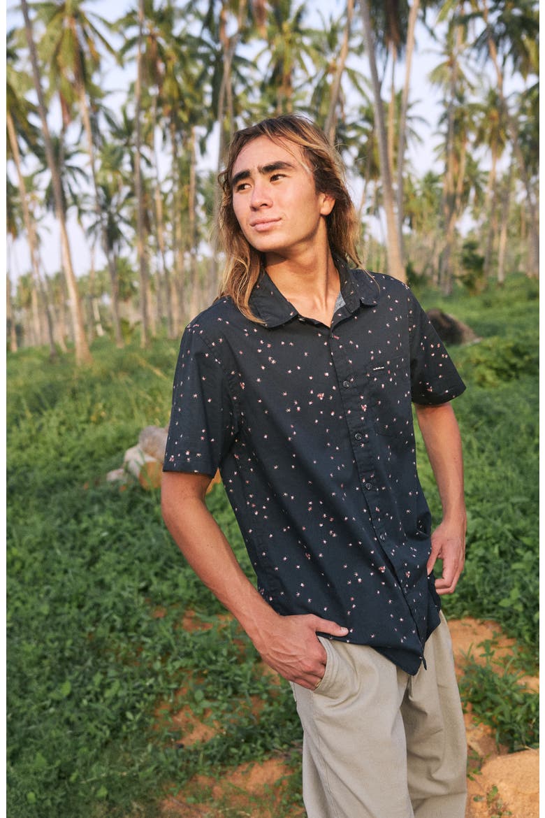 Ditsy Blossom Floral Classic Short Sleeve Cotton Button-Up Shirt, Alternate, color, ANTHRACITE