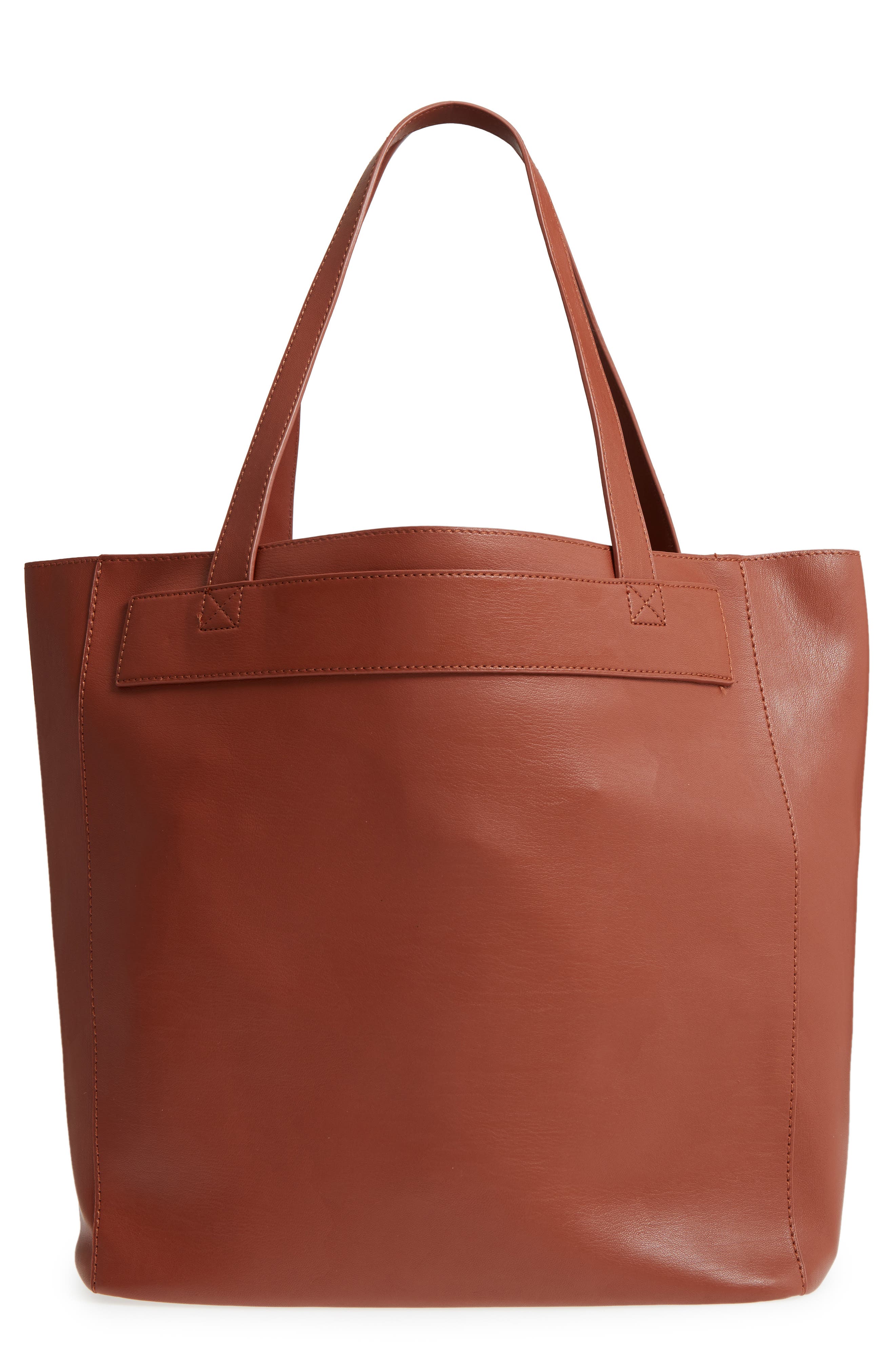 Stitched Faux Leather Tote, Main, color, COGNAC