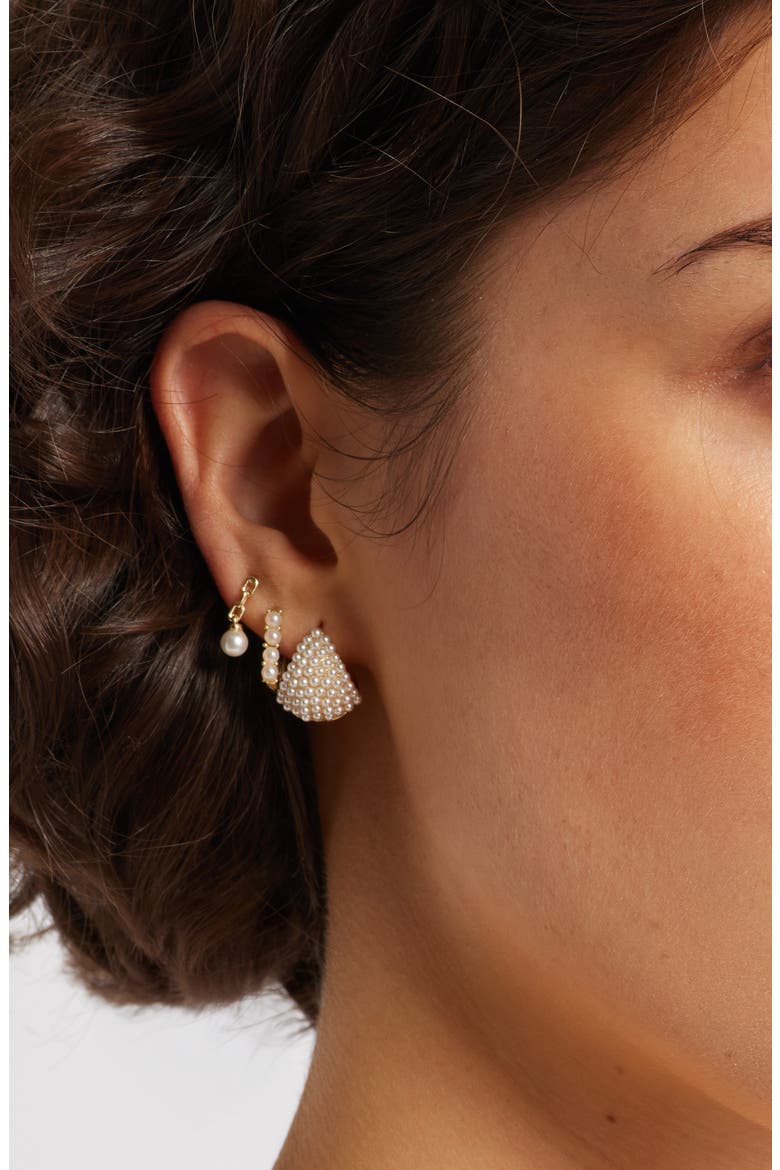 3 Pairs of Demi Fine Faux Pearl Earrings, Alternate, color, WHITE- GOLD