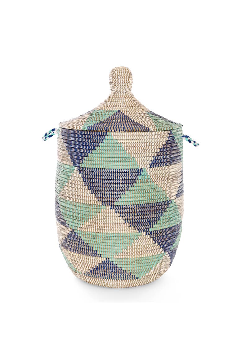 Large Blue and White Triangles Lidded Hamper Basket, Main, color, Blue and White