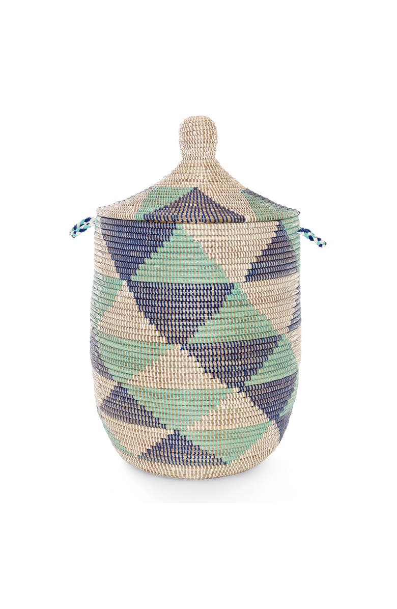 African Modern Large Blue and White Triangles Lidded Hamper Basket, Main, color, Blue And White