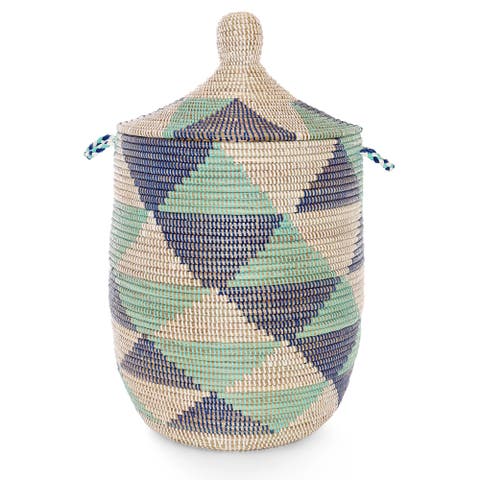 Large Blue and White Triangles Lidded Hamper Basket