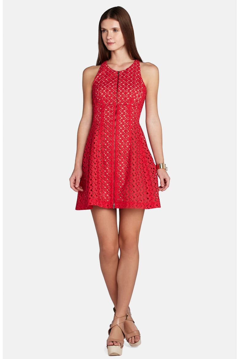 'Gulianna' Eyelet Zip Front Fit & Flare Dress, Main, color, LIPSTICK RED