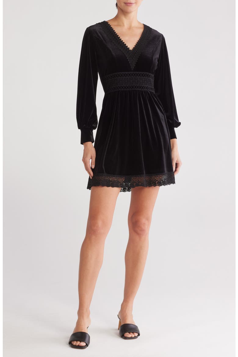 Lace Trim Long Sleeve Velvet Dress, Main, color, BLACK