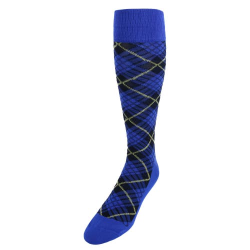 Trafalgar Finn Tartan Plaid Over The Calf Mercerized Cotton Socks in Blue, Navy, Plaid 