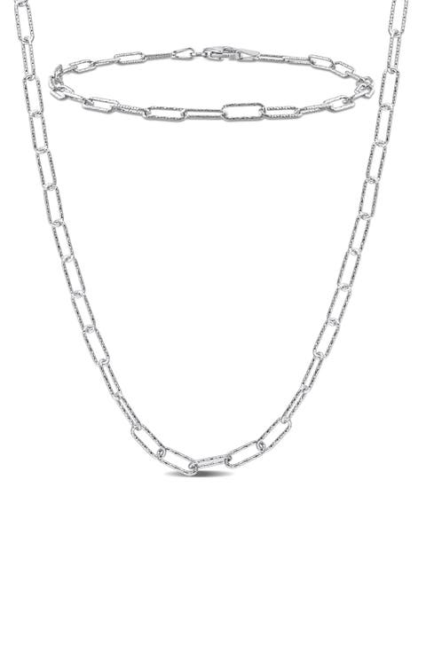 3mm Paperclip Textured Link Chain Necklace & Bracelet Set