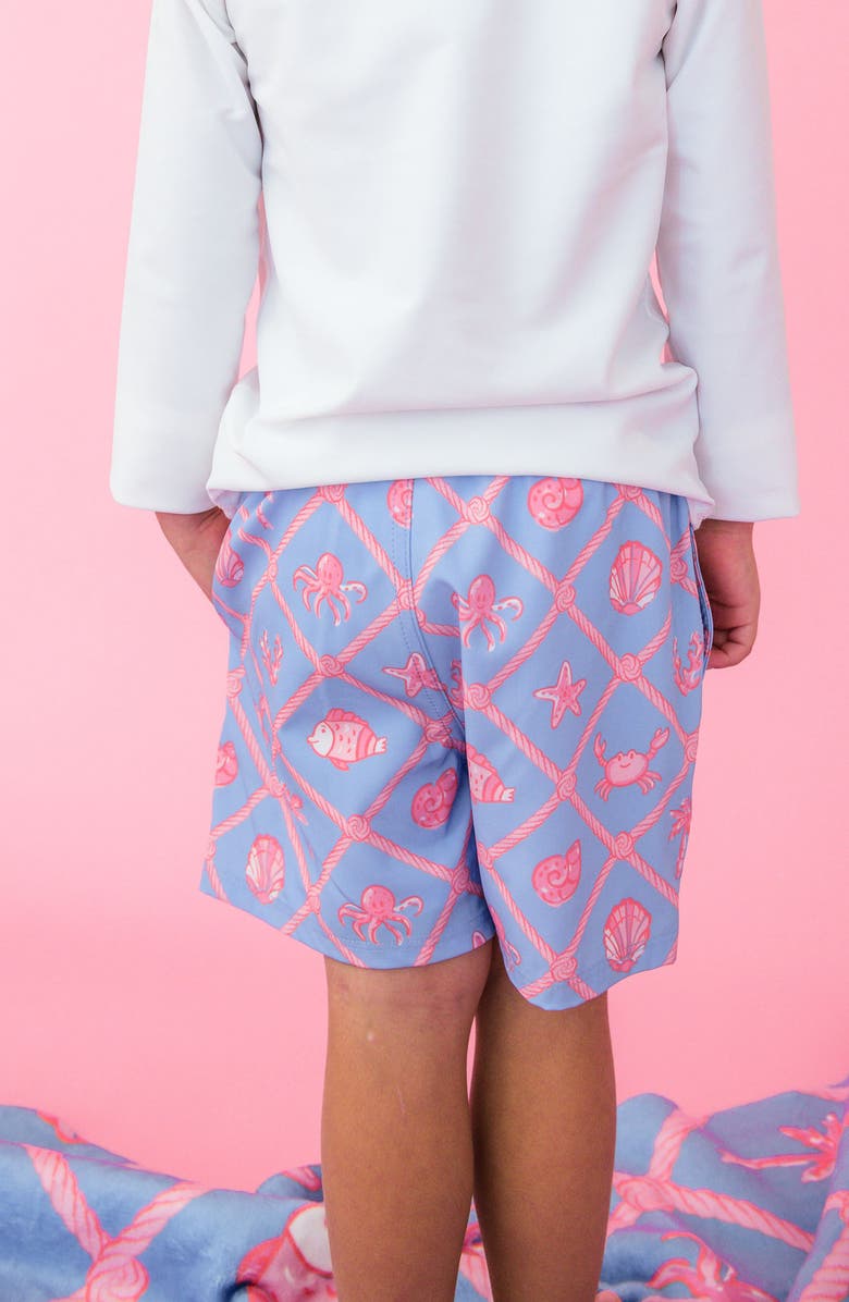 RuggedButts Kids' Tropical Trellis UPF 50+ Swim Trunks, Alternate, color, Blue