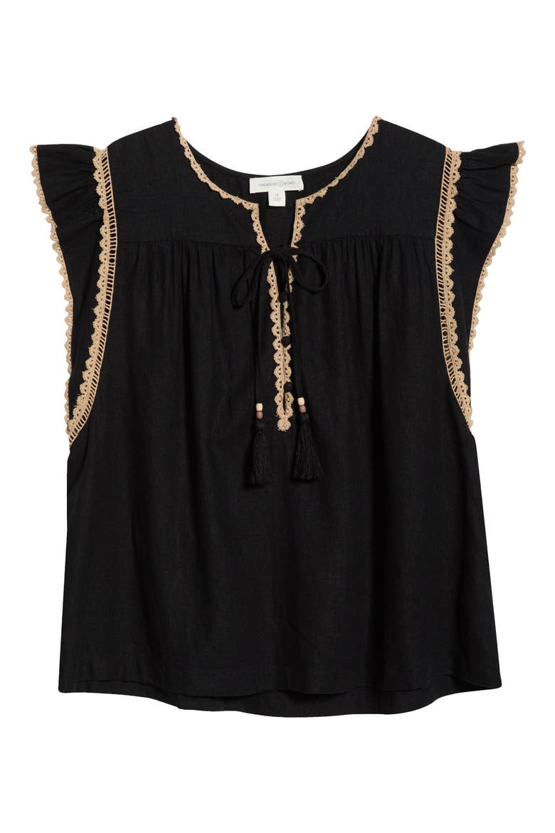 Crochet Trim Linen Blend Top, Alternate, color, BLACK