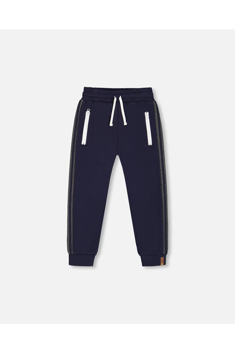 Little Boy's Fleece Sweatpants With Contrast Side Rib Navy, Main, color, Peacoat