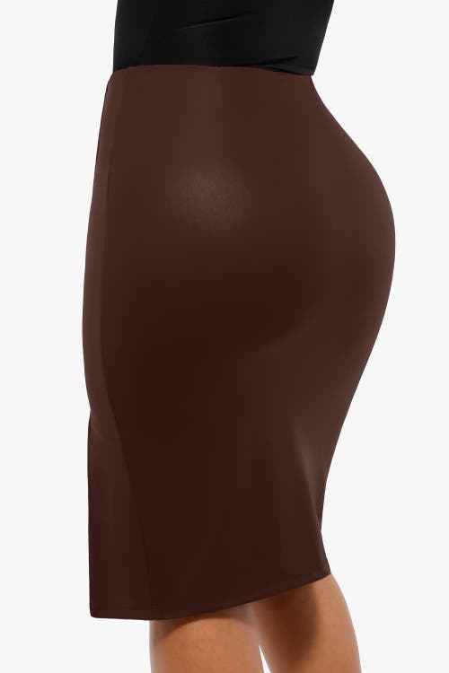 Popilush Shapewear Sculpting Faux Leather Front Slit Midi Skirt In Deep Coffee