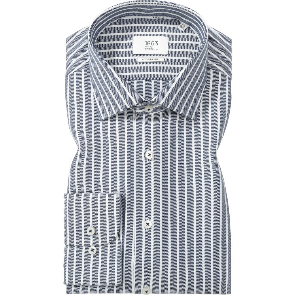 1863 By Eterna Modern Fit Stripe Non-iron Cotton Herringbone Dress Shirt In Blue