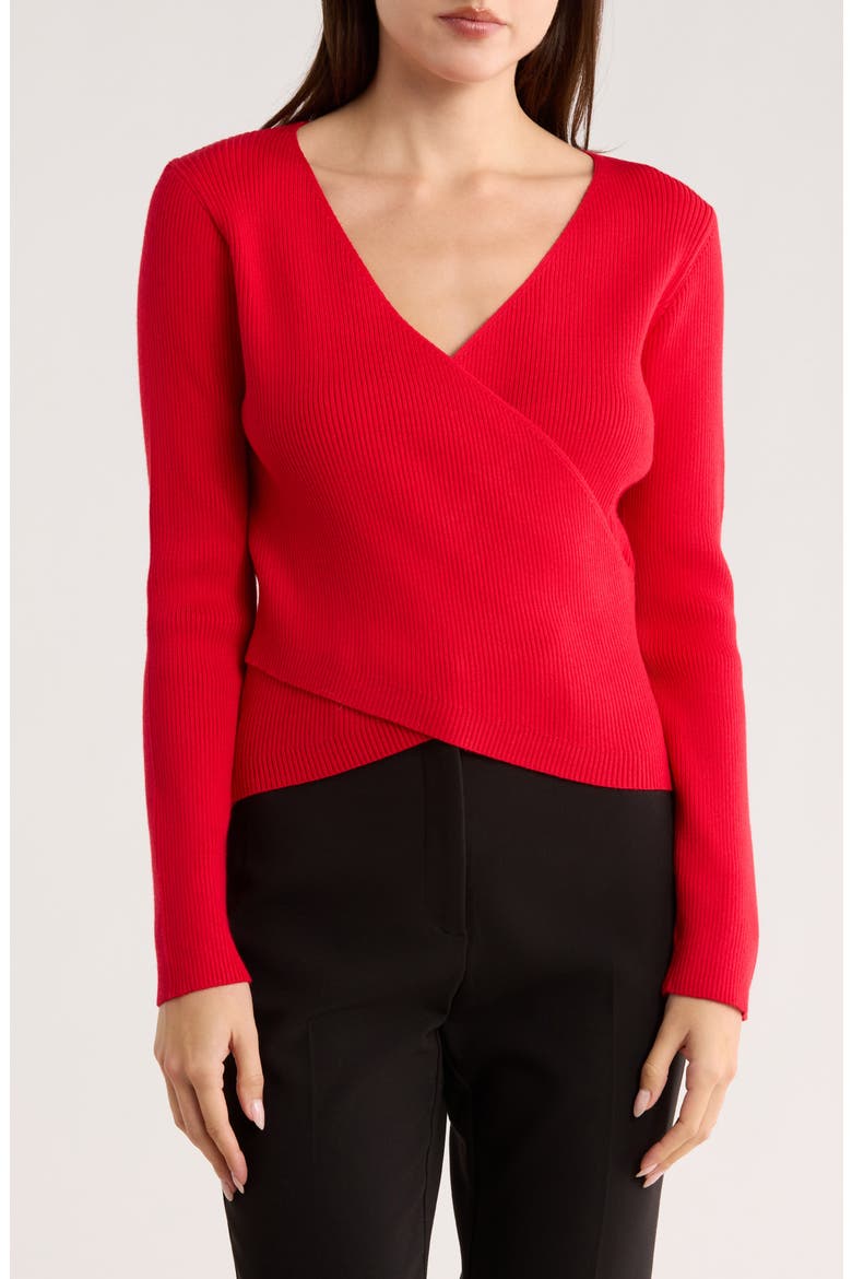 Solid Faux Wrap Sweater, Main, color, RED