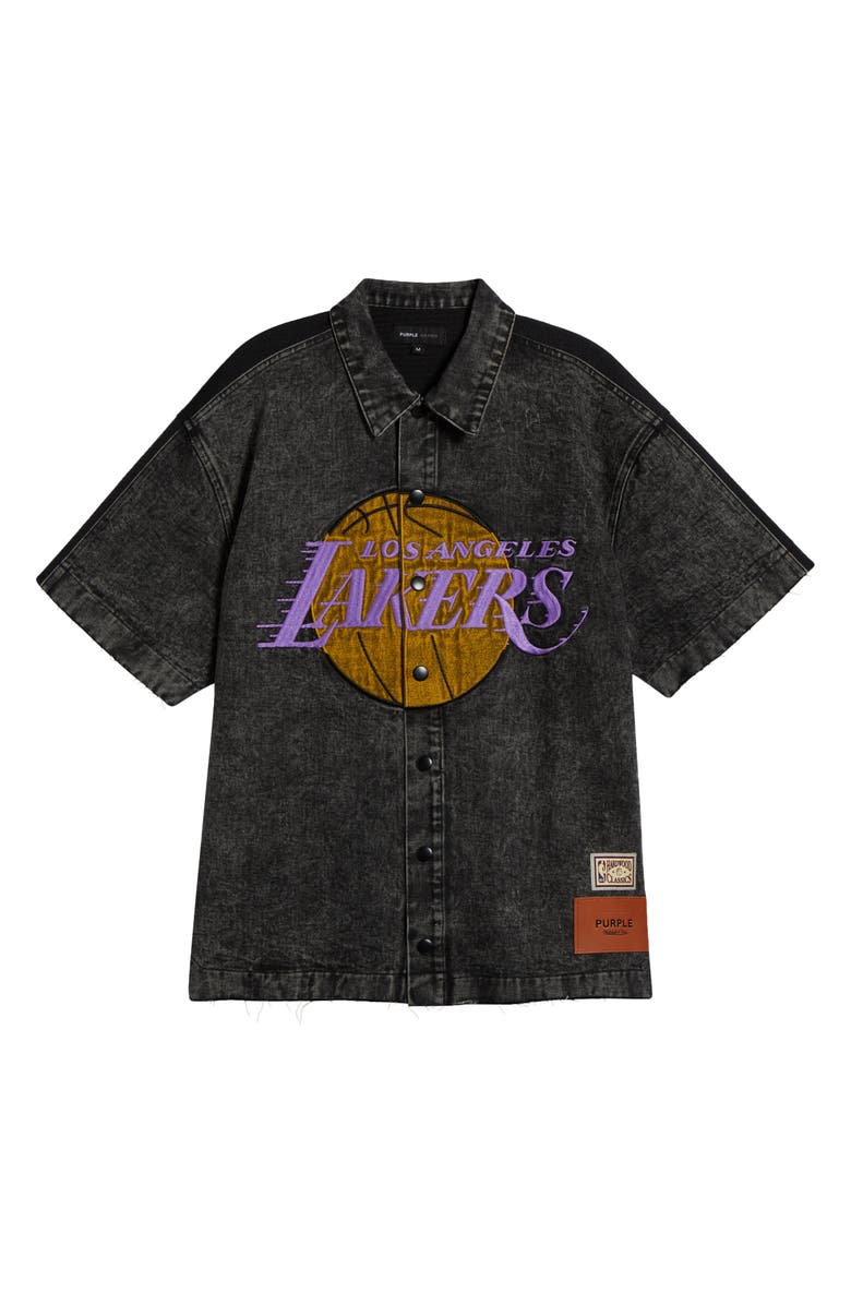 PURPLE BRAND x NBA LA Lakers Short Sleeve Snap-Up Shirt, Alternate, color,