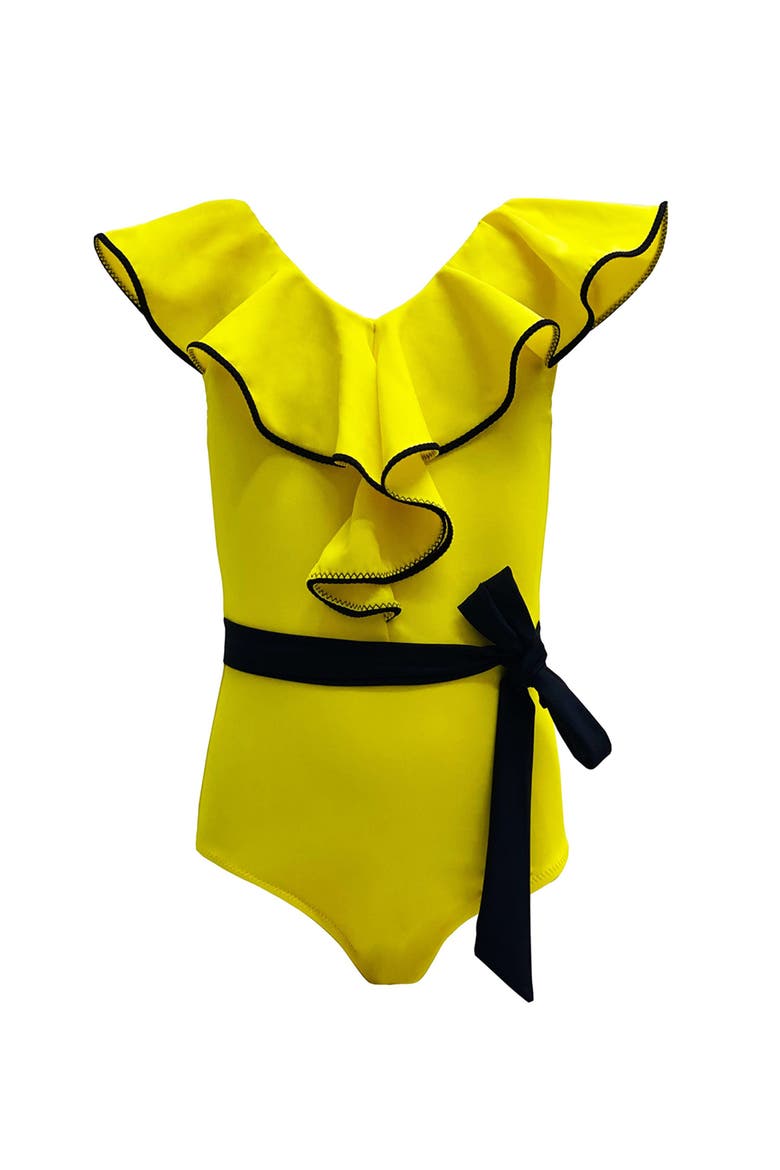 Ruffled V-Neck Belted One-Piece Swimsuit, Main, color, Yellow