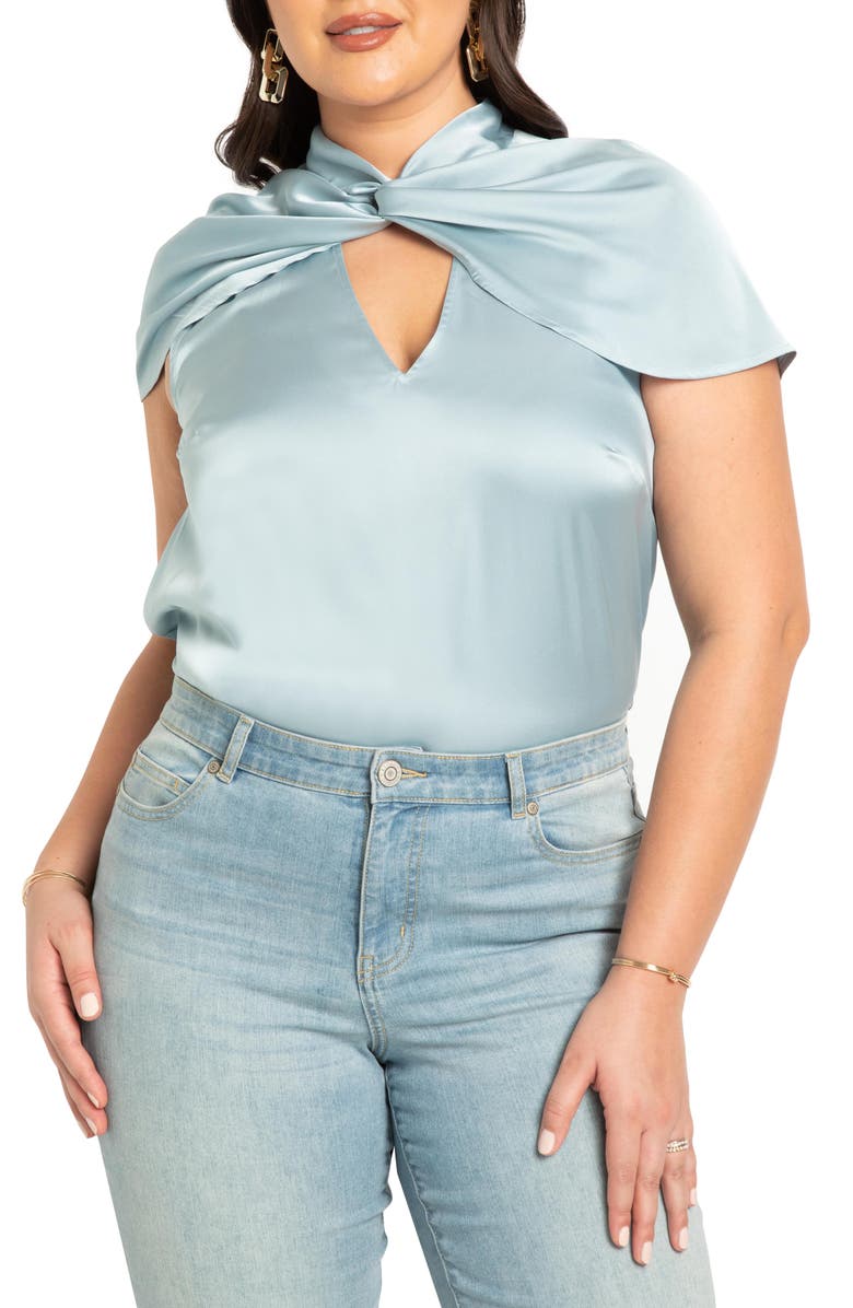 ELOQUII Twist Neck Cutout Satin Blouse, Main, color,