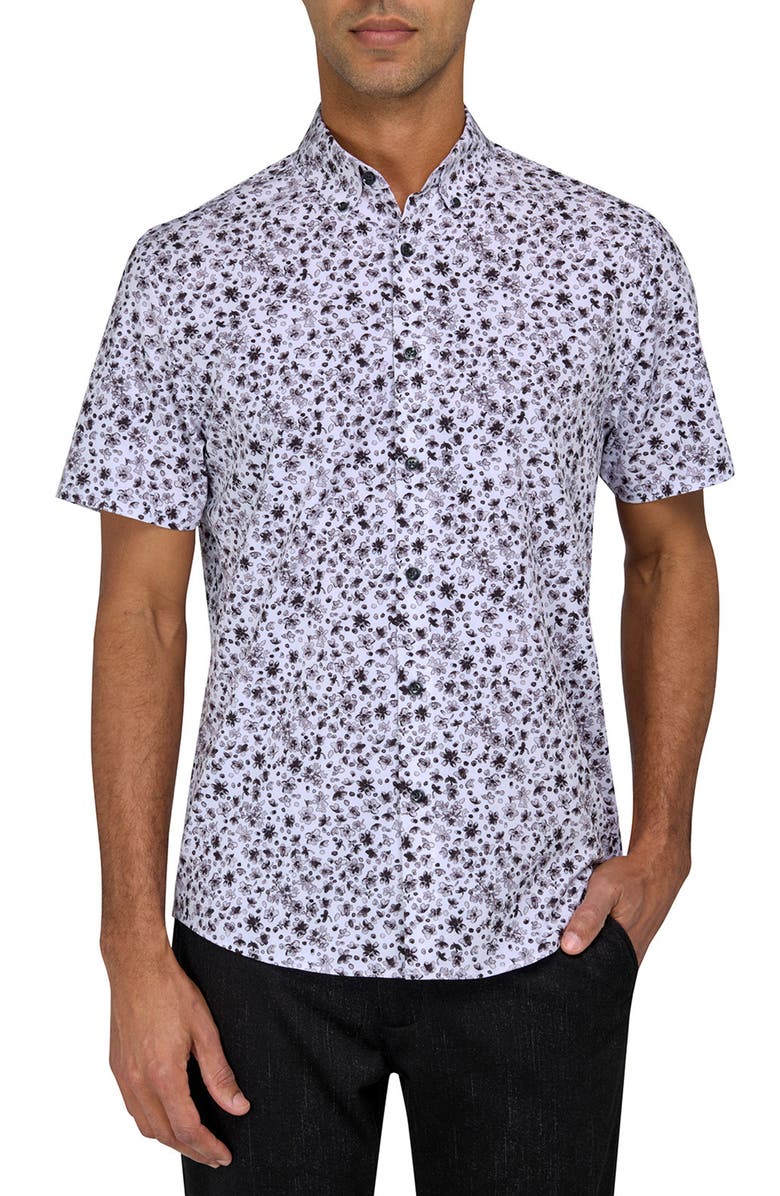 Brooklyn Brigade Slim Fit Abstract Floral Recycled 4-Way Stretch Performance Short Sleeve Shirt, Main, color, White/Black