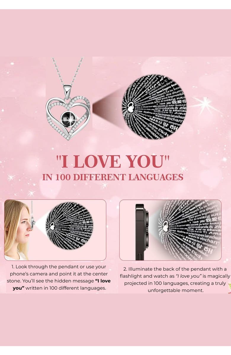 Lovery Preserved Pink Rose with Led Lights & Double Heart Necklace, "I Love You" in 100 Languages, Alternate, color, Black, Pink