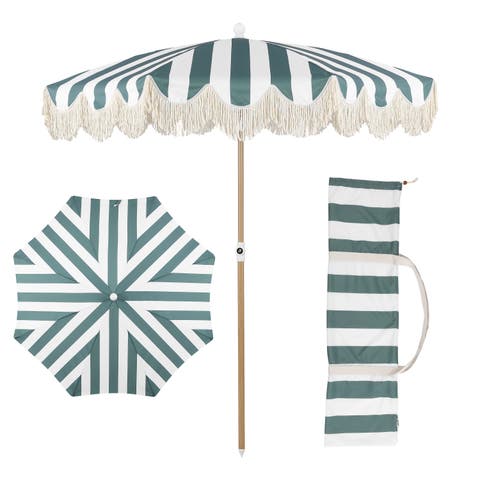 Mariner 6.5 ft. Classic Cottage Fringe Tassel Market Beach Umbrella with Push Button Tilt