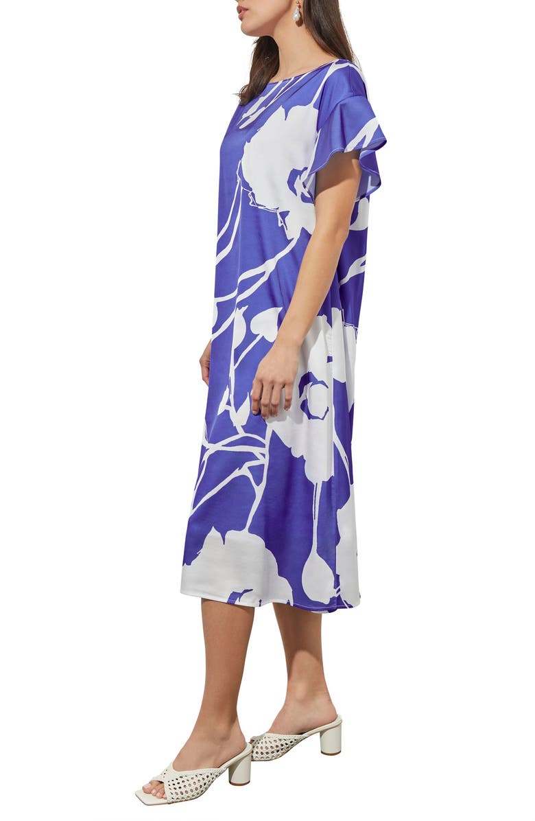Ming Wang Floral Crêpe de Chine Dress, Alternate, color, Saph Sea/ Wht