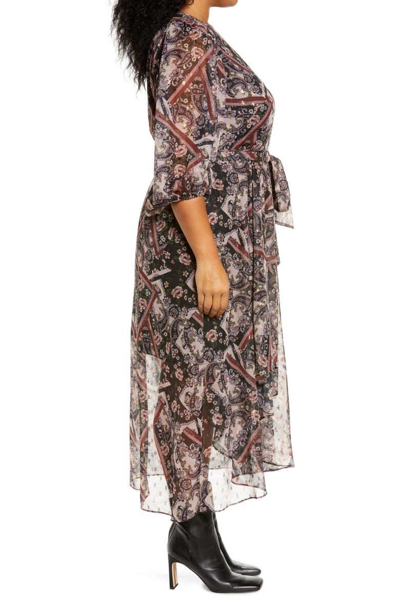 Paisley Metallic Dot Chiffon High-Low Dress, Alternate, color, MAUVE