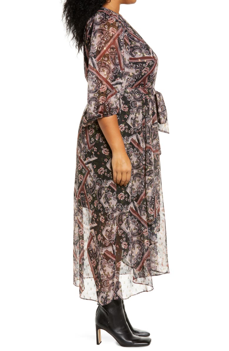 Eliza J Paisley Metallic Dot Chiffon High-Low Dress, Alternate, color, Mauve