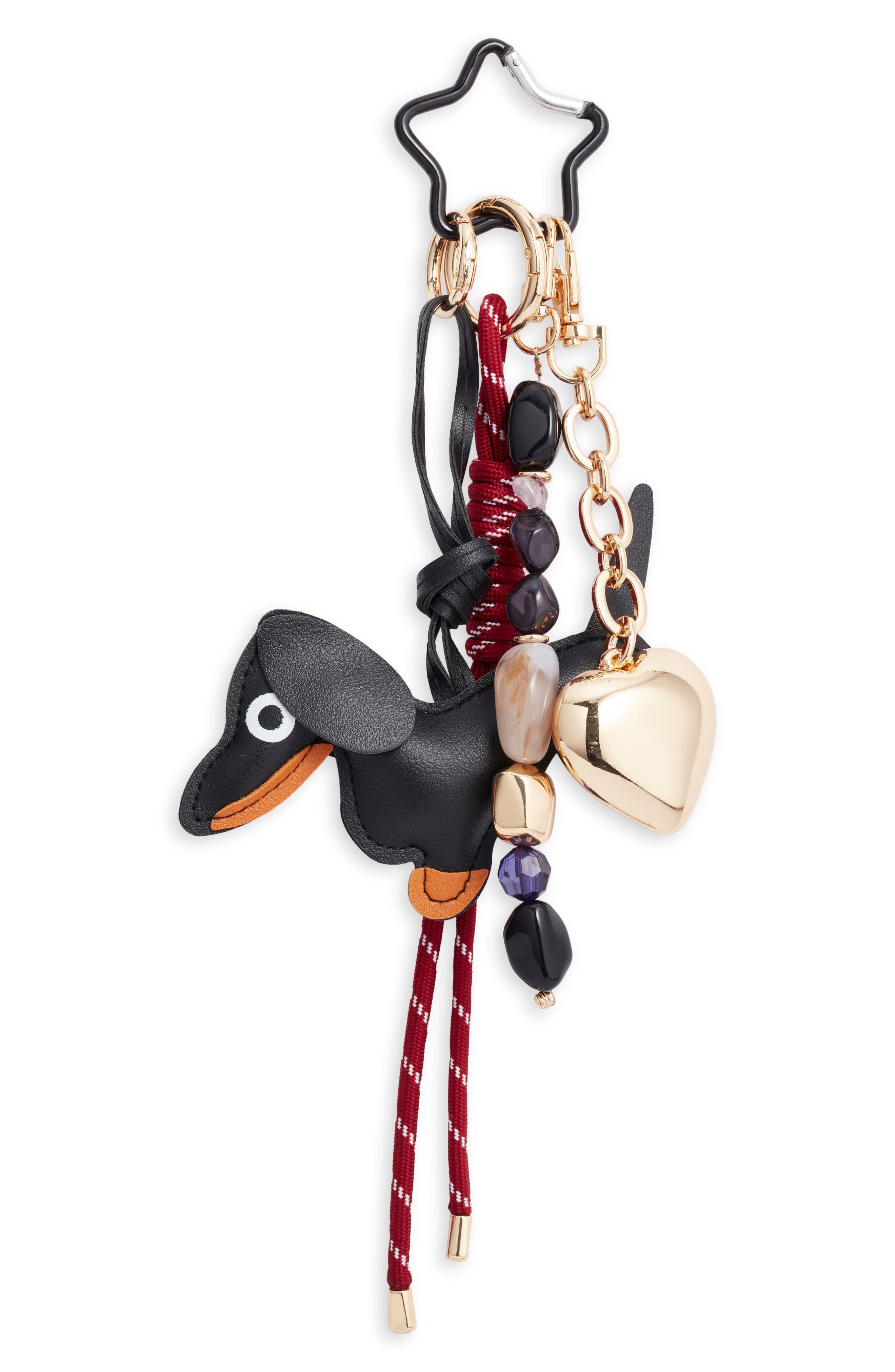 Chelsea28 Dog & Heart Beaded Faux Leather Bag Charm, Main, color, Burgundy Multi- Gold