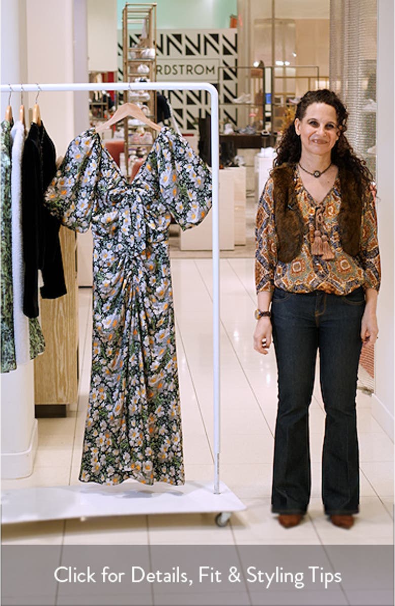 Brenton Cosmo Flower Puff Sleeve Ruched Midi Dress, sales video thumbnail