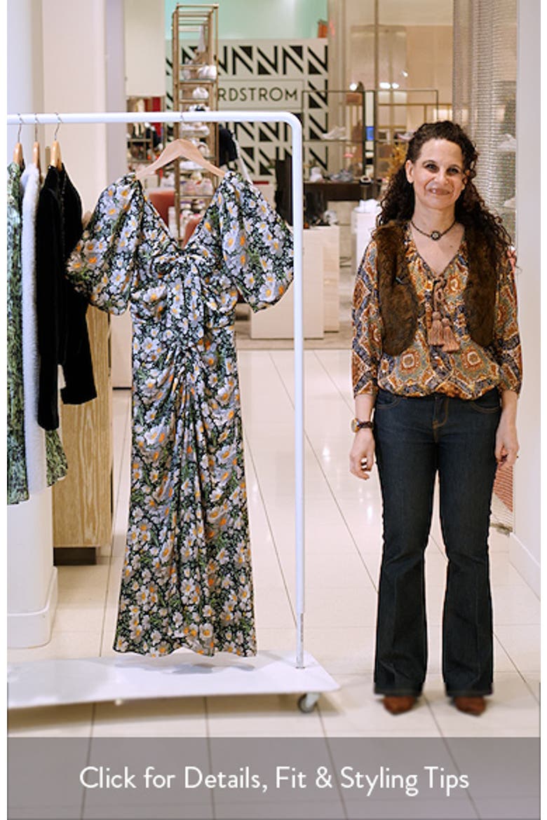 Brenton Cosmo Flower Puff Sleeve Ruched Midi Dress video