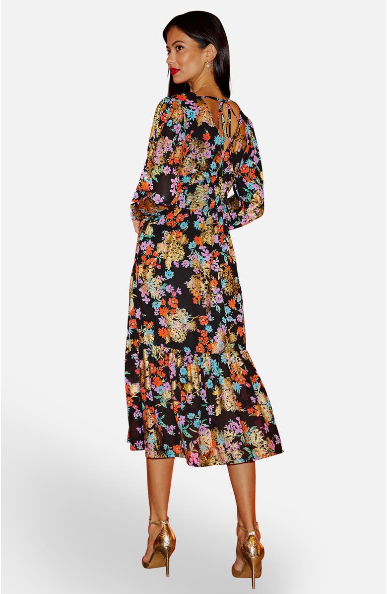 Yumi Floral And Foil Ruched Midi Dress, Alternate, color, Black