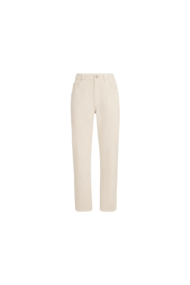 Dyed denim five-pocket straight trousers with shiny bartack, Alternate, color, Milk