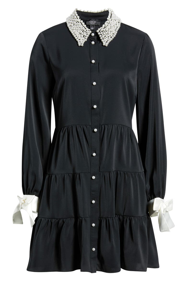 Beaded Collar Bow Long Sleeve Shirtdress, Alternate, color, RICH BLACK