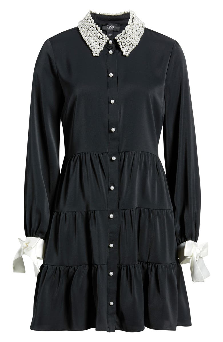 CeCe Beaded Collar Bow Long Sleeve Shirtdress, Alternate, color, Rich Black