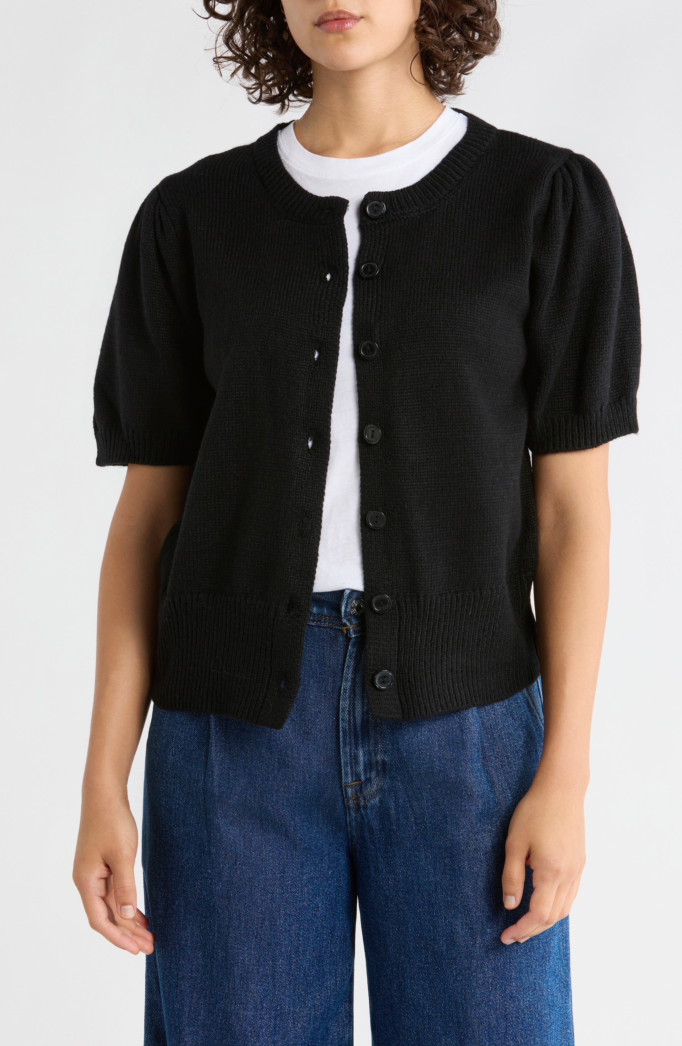 Bobeau Puff Short Sleeve Button Front Cardigan