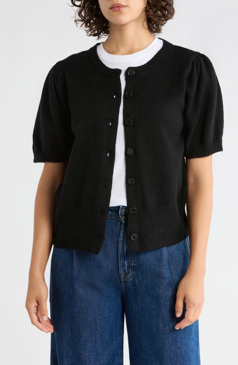 Bobeau Puff Short Sleeve Button Front Cardigan, Main, color, Black