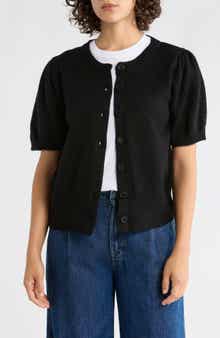 Bobeau Puff Short Sleeve Button Front Cardigan