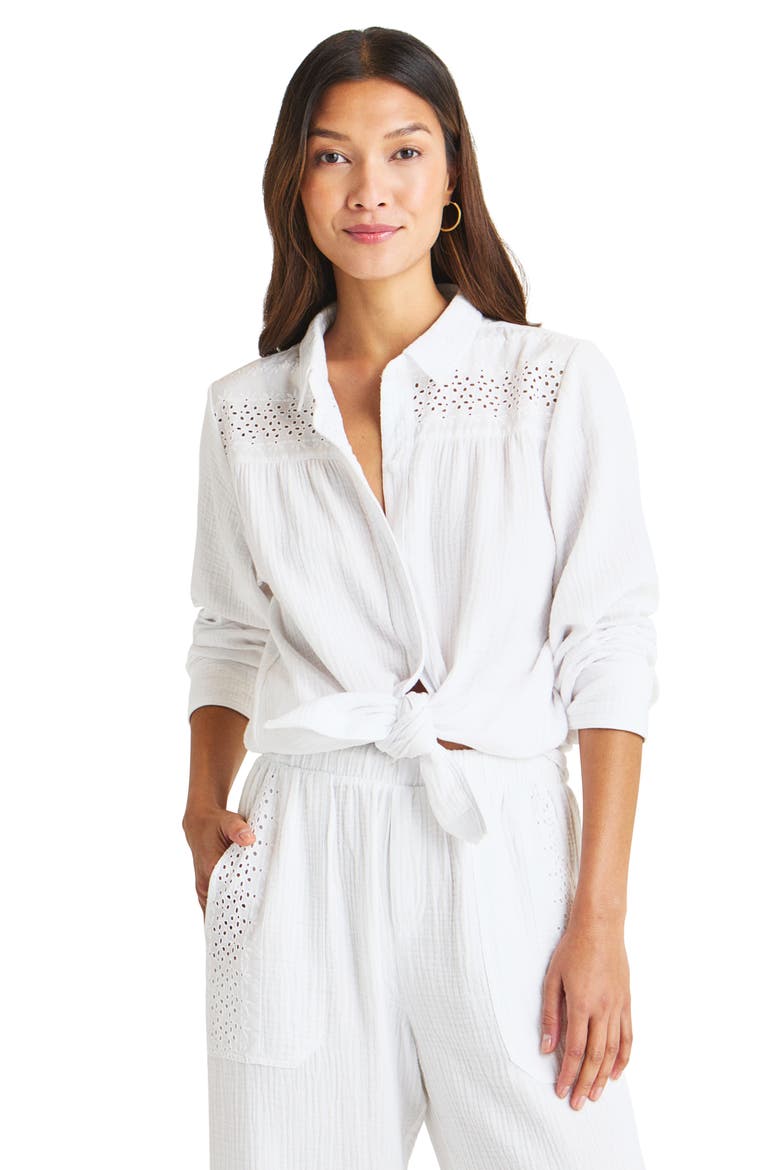 Kit Eyelet & Gauze Button-Up Shirt, Alternate, color, WHITE