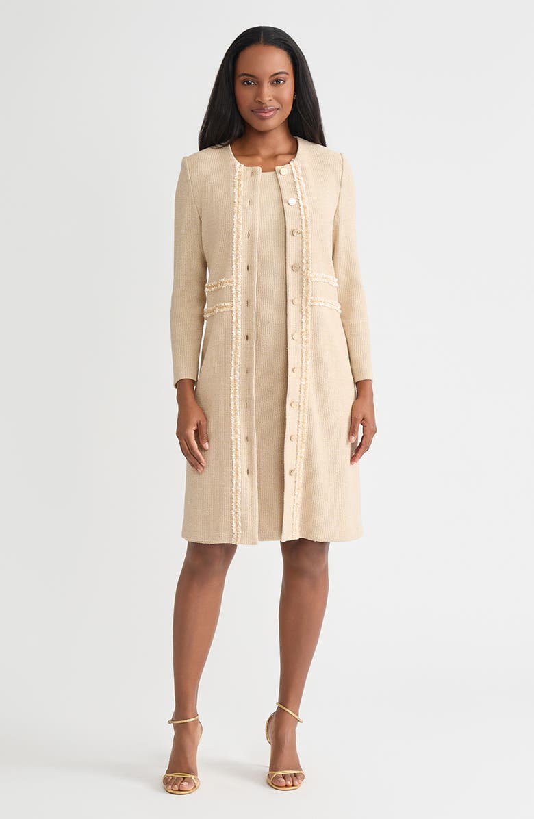 Misook Heritage Lurex Ribbon Chain Trim Knit Jacket, Alternate, color, Biscotti/Gold