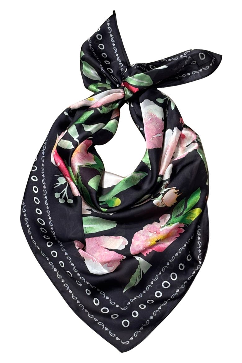 Floral Satin Scarf, Main, color, BLACK