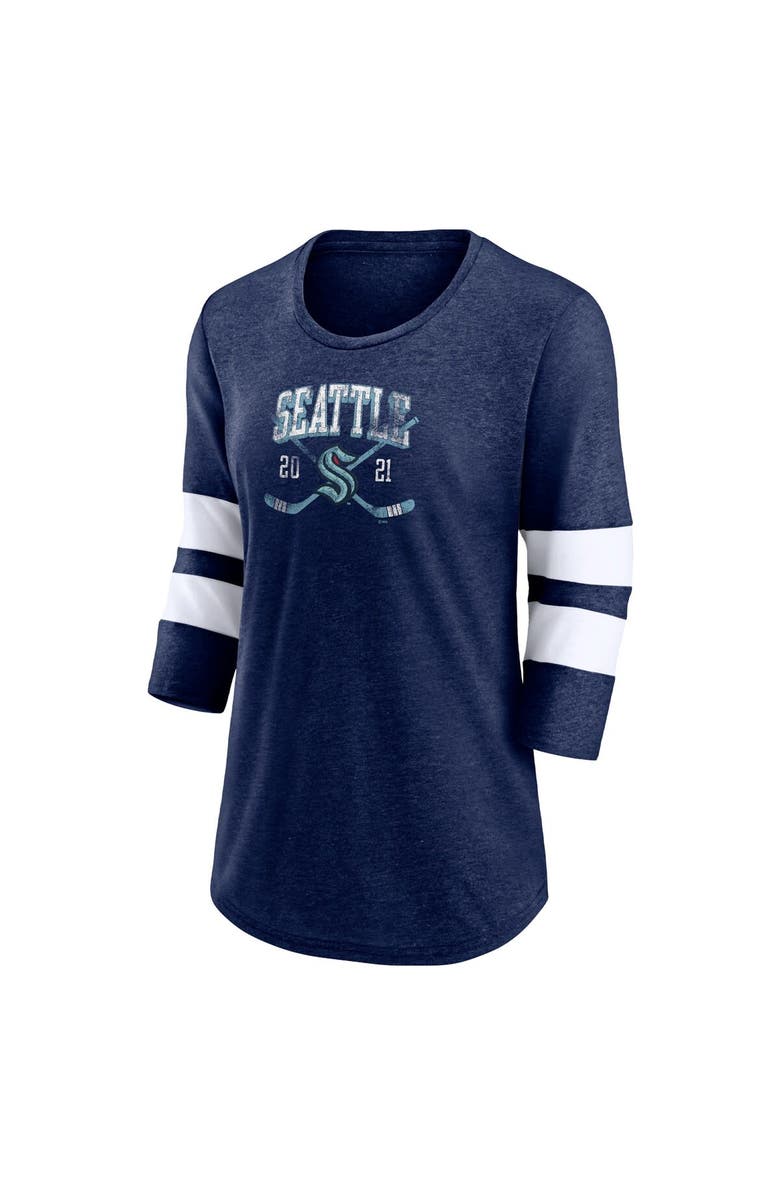 FANATICS Women's Fanatics Branded Heather Deep Sea Blue Seattle Kraken Line Shift Tri-Blend Three-Quarter Sleeve T-Shirt, Alternate, color, 