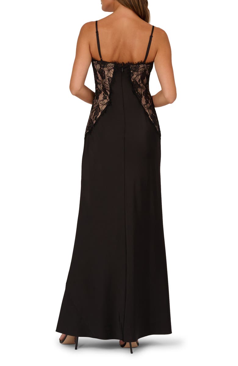 Adrianna Papell Lace Trim Satin Gown, Alternate, color, Black