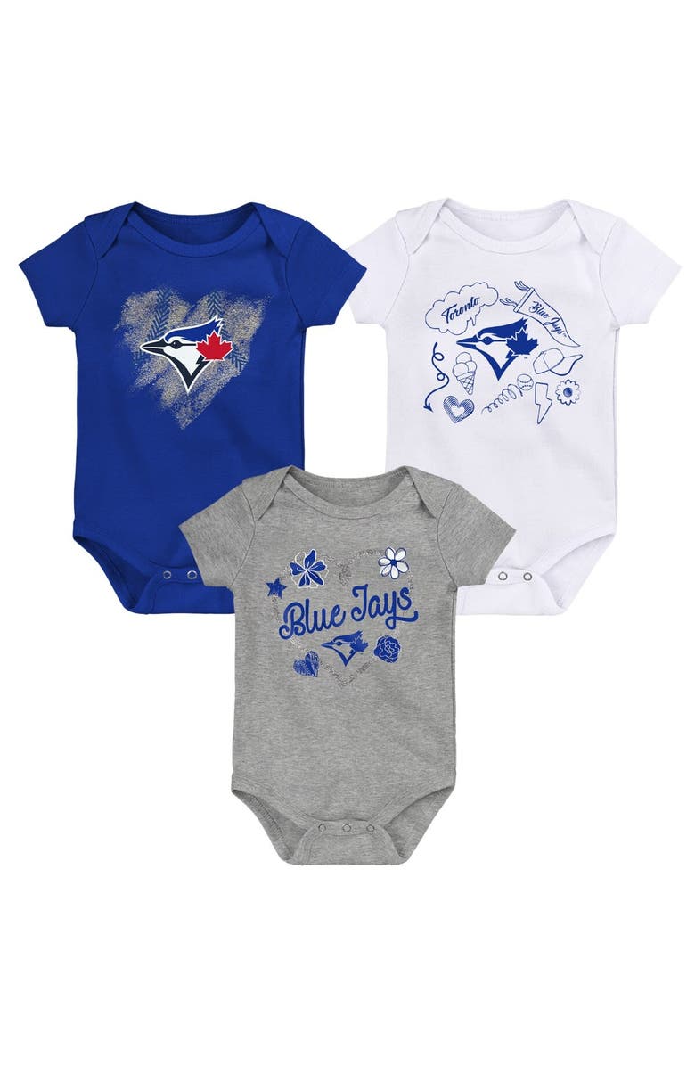Outerstuff Infant Royal/White/Heathered Gray Toronto Blue Jays Batter Up 3-Pack Bodysuit Set, Main, color, 
