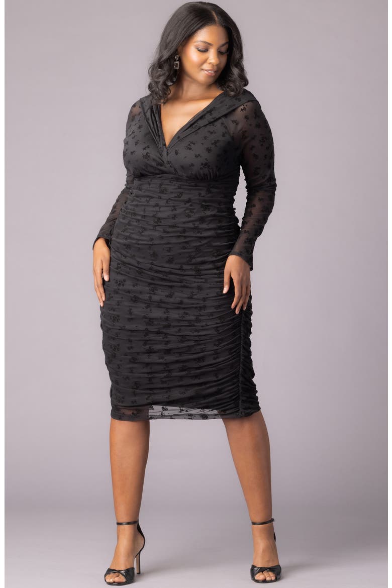 Betsey Ruched Elbow Sleeve Midi Bodycon Dress, Alternate, color, ONYX FLOCKED FLORALS