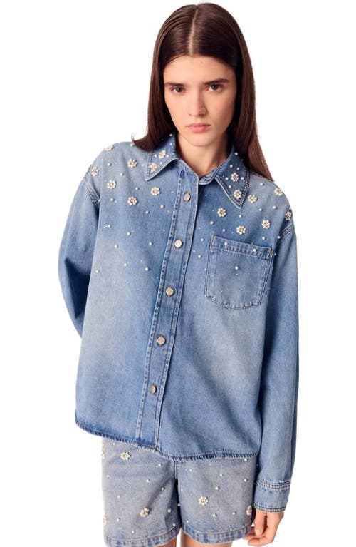 Maje Denim Shirt With Embroidered Beads In Blue