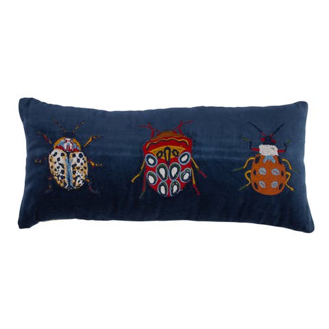 Cotton Velvet Embroidered Lumbar Pillow with Beetles and Chambray Back, Multicolor