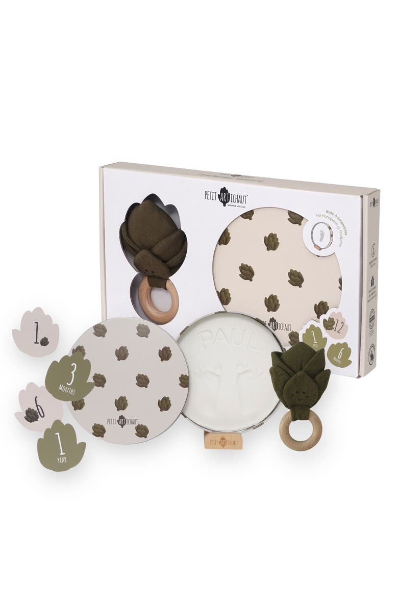 Petit Artichaut Birth Gift Set - Baby Handprint Kit, Comforter & Milestone Cards | Baby Shower Gift, Main, color, 